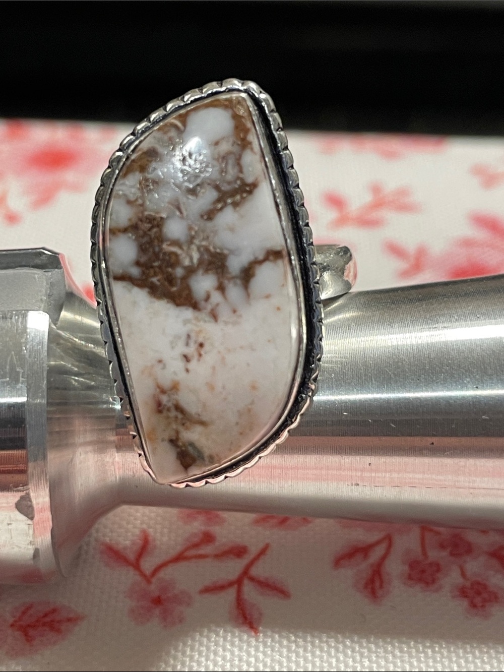 Silver Tone White and Brown Jasper Ring